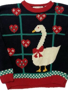 Karen Scott Black Swan & Hearts Crewneck Sweater - Black, Red, White, Green